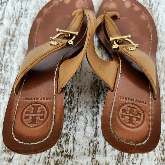 Tory Burch "Nora Mestico Wedge" Brown Leather Thong Sandal | Women's Size 7.5 - Picture 5 of 11